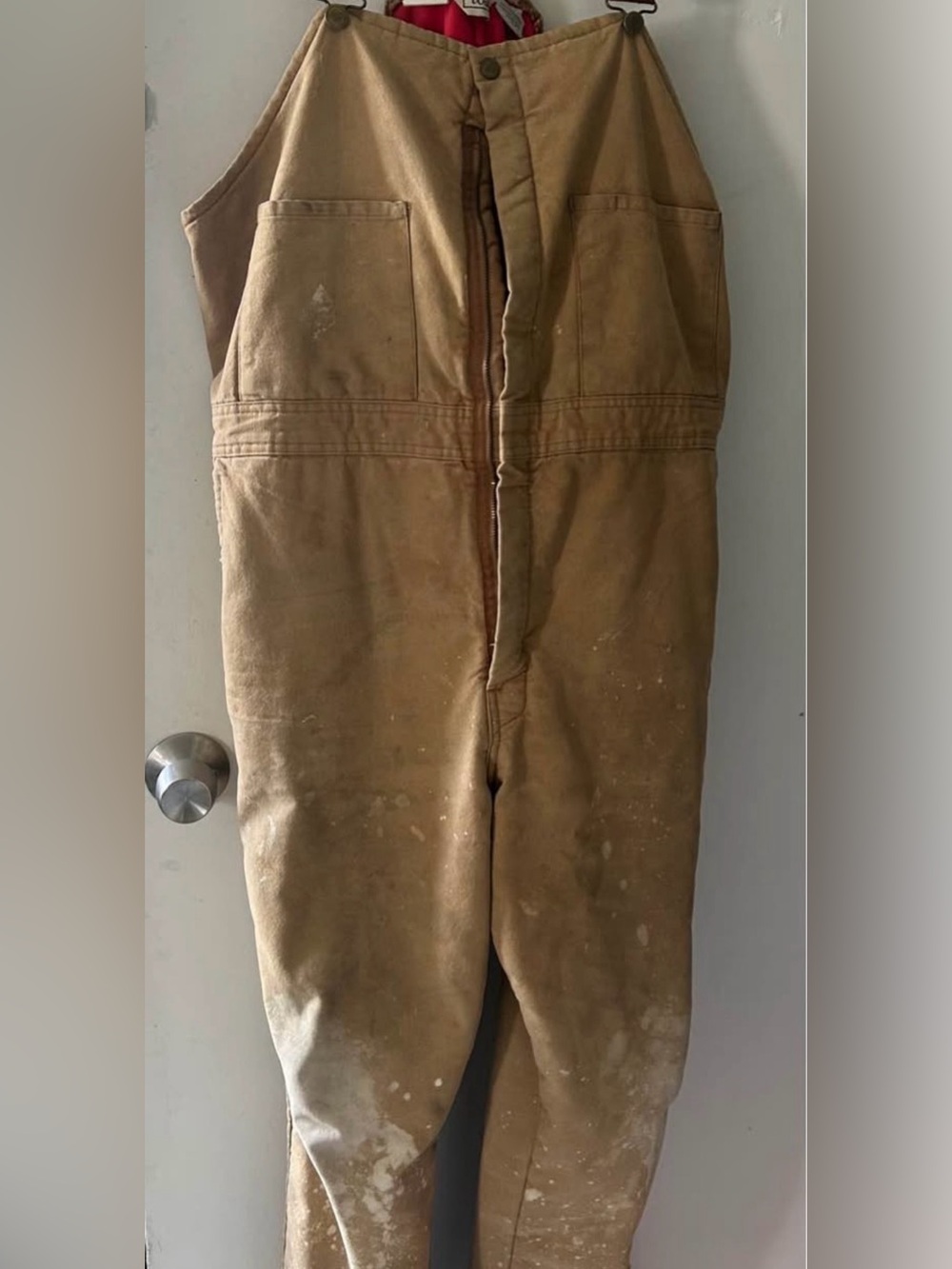 Walls Tan Canvas Bib Overalls with Red Lining
